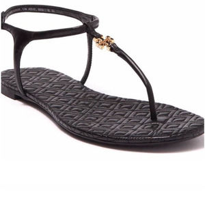 Tory Burch NWOT Marion Black /Gold Quilted Leather T-Strap Thong Sandal Size 11